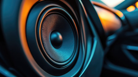 A close-up of a high-quality car speaker mounted on a vehicle door, showcasing its sleek design and detailing, with the interior of the car softly illuminated.の素材