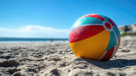 A close-up of a colorful beach ball with vibrant stripes, lying on the sand with a clear blue sky in the background, capturing a sunny summer day.の素材