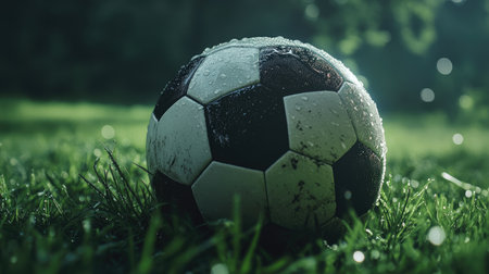 A close-up of a classic black and white soccer ball resting on a lush green grass field, with morning dew glistening on its surface.の素材