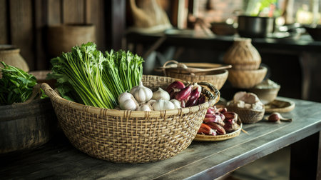A charming scene of a traditional Thai kitchen with a basket full of fresh , alongside other ingredients like garlic and herbs, emphasizing an authentic cooking environment.の素材