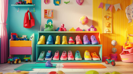 A children's shoe rack filled with colorful sneakers and boots, placed in a cozy, playful room with vibrant dcor and toys scattered around.の素材