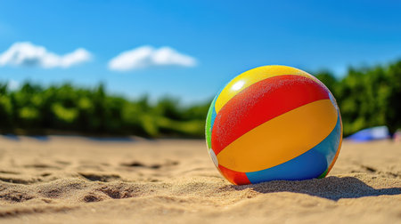 A close-up of a colorful beach ball with vibrant stripes, lying on the sand with a clear blue sky in the background, capturing a sunny summer day.の素材