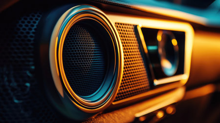 A close-up of a car speaker grille, highlighting its intricate design and high-quality materials, with soft ambient lighting inside the vehicle.の素材