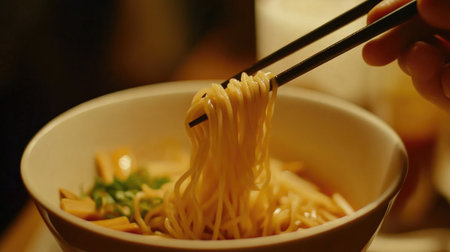 A close-up of a person enjoying a bowl of noodles with chopsticks, highlighting the noodles being lifted from the bowl and the flavorful ingredients.の素材