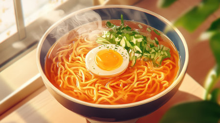 A close-up of a steaming bowl of instant noodles with broth, garnished with chopped vegetables and a soft-boiled egg, ready to be enjoyed.の素材