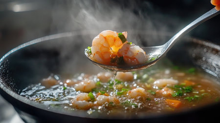 A close-up of a spoonful of  being lifted from a bowl, showcasing the rich broth, shrimp, and aromatic herbs, with the soup's steam gently rising.の素材