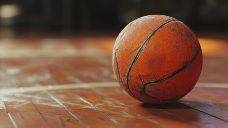 A close-up of a well-worn basketball on a court, with detailed texture and the iconic orange color, placed on a hardwood floor with court markings.の素材