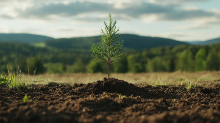 A close-up of a small tree being planted in a rural field, with the roots being covered with soil, emphasizing environmental conservation and reforestation efforts.の素材