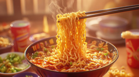 A close-up of instant noodles being lifted from a bowl with chopsticks, with a background of a neatly set table and additional garnishes and sauces.の素材