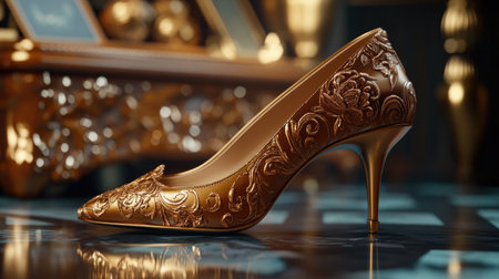 A close-up of trendy high-heeled shoes in a stylish boutique setting, with a focus on the elegant design, shiny leather, and intricate details.の素材