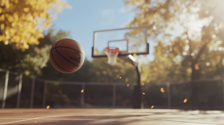 A lively basketball scene showcasing a ball soaring towards the hoop on an outdoor court enveloped by colorful autumn foliage, capturing the essence of sport and play.の素材
