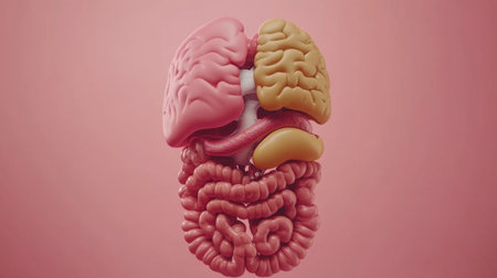 This colorful illustration showcases human anatomy, highlighting the brain and digestive system. Perfect for educational purposes and healthcare projects.の素材