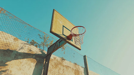 A vintage basketball hoop stands against a bright blue sky, capturing the essence of outdoor play. The scene highlights an urban backdrop, evoking nostalgia.の素材