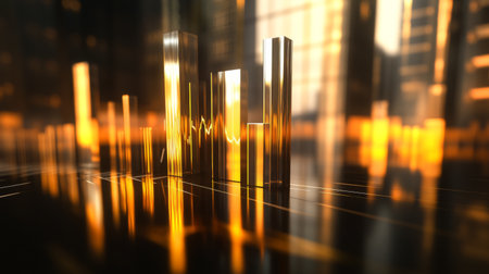 Captivating abstract financial data visualization featuring glowing bars and dynamic lines, reflecting a modern city environment. Ideal for business themes.の素材