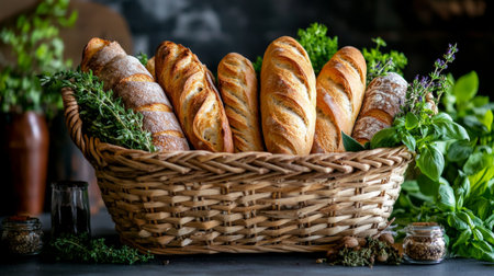 A beautiful display of freshly baked artisan baguettes in a rustic basket surrounded by vibrant herbs. Perfect for culinary inspiration and food styling.の素材