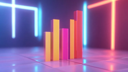 This image showcases a vibrant arrangement of vertical bars, symbolizing data growth and financial success in a modern and colorful style. Ideal for technology and business themes.の素材