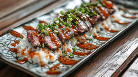 A beautifully presented grilled beef steak served on a bed of rice, topped with green onions and drizzled with a flavorful sauce, perfect for food lovers.の素材