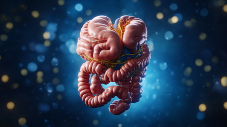 This stunning 3D illustration showcases the human digestive system with intricate details, emphasizing the intestines and stomach, perfect for educational and medical uses.の素材