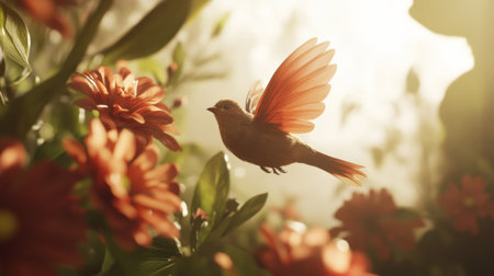 A serene scene featuring a bird with radiant wings amidst vibrant orange flowers, capturing the essence of nature's beauty in soft sunlight.の素材