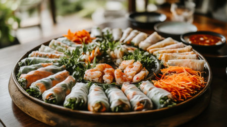 A beautifully arranged platter of fresh spring rolls and shrimp garnished with herbs and vegetables, perfect for a healthy appetizer or a vibrant dining experience.の素材