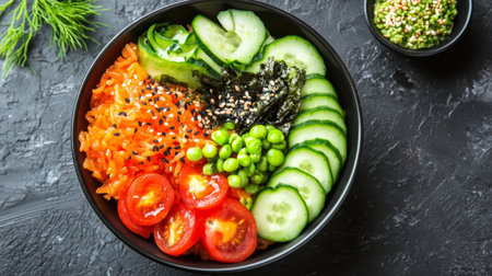 Indulge in a vibrant rice bowl featuring fresh vegetables, seaweed, and sesame seeds. This nutritious dish is perfect for a healthy meal or snack option.の素材