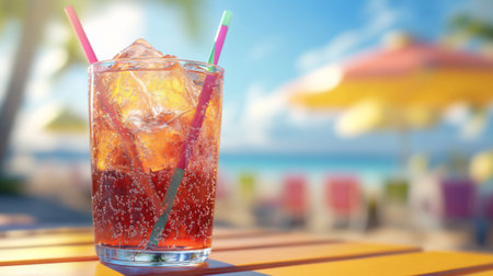 A vibrant cocktail filled with ice served in a clear glass, featuring colorful straws. Captured in a bright beach setting, perfect for summer relaxation.の素材