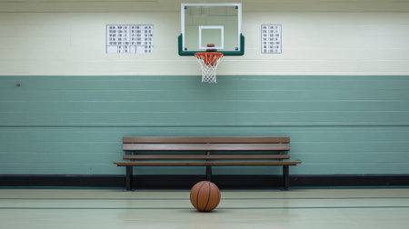 An empty basketball court featuring a single ball resting on the floor and a bench in the background. Ideal for themes of sport, training, and recreation.の素材