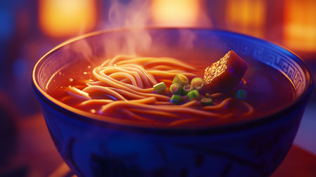 A steaming bowl of noodles topped with fresh green onions, captured in warm dim lighting, exuding comfort and inviting culinary delight. Perfect for food lovers.の素材