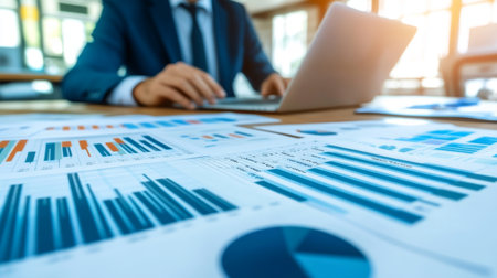 A business professional analyzes financial reports on a laptop in a modern office. The image showcases detailed charts and graphs for data-driven decision making.の素材