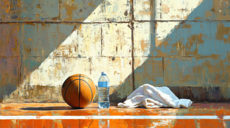A basketball rests on a sunlit court beside a water bottle and towel, capturing the essence of sport, hydration, and summer energy in a vibrant setting.の素材