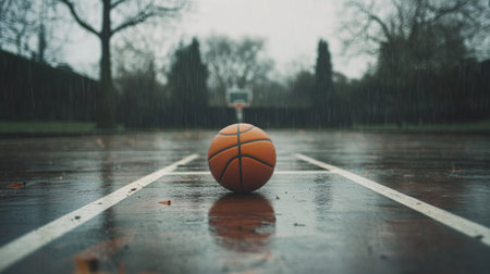 A single orange basketball lies on a wet court, surrounded by trees in a rainy atmosphere, capturing a moment of solitude and reflection in sports.の素材