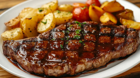 A succulent grilled steak served alongside golden roasted potatoes and vibrant cherry tomatoes, creating a delightful and appetizing meal perfect for any occasion.の素材