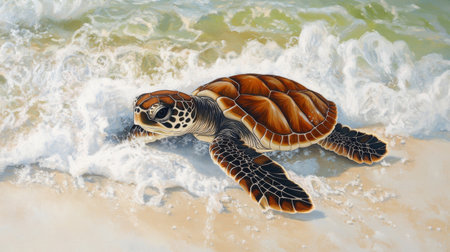 A vibrant depiction of a sea turtle emerging from waves on a sandy beach, showcasing the beauty of marine life and the tranquility of coastal environments.の素材