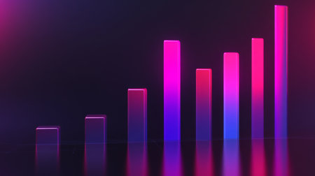 This vibrant image features an abstract bar graph with neon colors, symbolizing progress and data analysis in a modern and stylish manner. Perfect for business themes.の素材