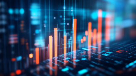 Stunning abstract image showcasing vibrant bar graphs and digital elements. Ideal for projects related to data visualization, technology, and analytics.の素材