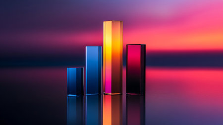 Colorful abstract bars stand on a reflective surface, showcasing a gradient background that blends warm and cool tones. Ideal for modern design.の素材