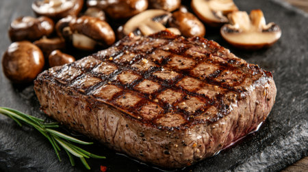 A perfectly grilled steak rests on a slate plate, accompanied by mushrooms and a sprig of rosemary, showcasing culinary artistry and mouthwatering appeal.の素材