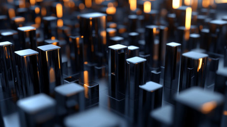 Explore a stunning abstract scene featuring metallic structures that reflect glowing light. This captivating visual combines technology and creativity in a mesmerizing arrangement.の素材