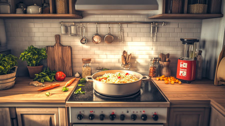 A cozy kitchen filled with fresh vegetables and a bubbling pot on the stove creates a warm culinary environment. Perfect for food lovers!の素材