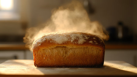 A freshly baked loaf of bread sits on a wooden surface, with steam rising in a warm kitchen, capturing the essence of homemade baked goods.の素材