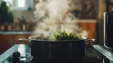 A pot filled with fresh herbs simmers on a stove, releasing steam in a cozy kitchen. The warm light highlights the vibrant greens, creating a culinary atmosphere.の素材