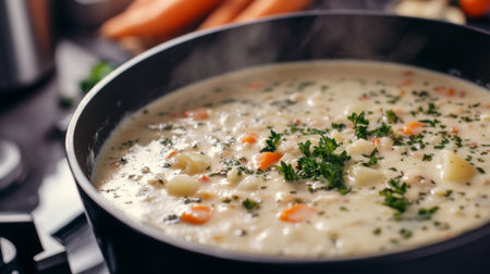 Enjoy a close-up view of creamy vegetable soup simmering in a black pot. Fresh ingredients like carrots and potatoes create a wholesome, comforting dish perfect for any meal.の素材