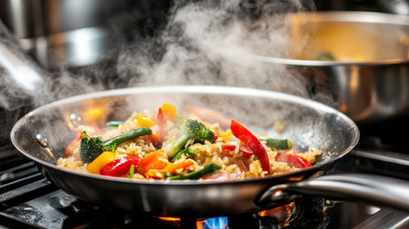 A vibrant vegetable stir-fry showcasing colorful bell peppers, broccoli, and green beans. Steam rises from the frying pan, highlighting a delicious and healthy meal preparation in a lively kitchen.の素材