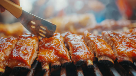 Succulent barbecue ribs sizzling on a grill, coated in a rich sauce. Perfect for summer gatherings, these tasty treats promise satisfaction and flavor.の素材