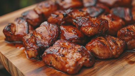 Indulge in these delicious grilled meat pieces glazed with savory barbecue sauce, perfect for summer gatherings or outdoor parties. Enjoy the rich flavors!の素材