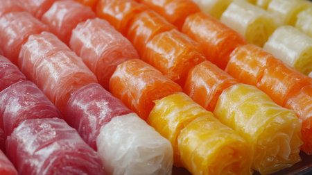 A vibrant display of fruit-flavored gelatin dessert rolls stacked in colorful layers. Perfect for parties or gatherings, these delightful treats add visual appeal and sweetness to any occasion.の素材
