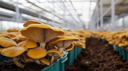 A close-up view of freshly harvested golden mushrooms thriving in a greenhouse environment, showcasing the beauty of organic farming and sustainable agriculture practices.の素材