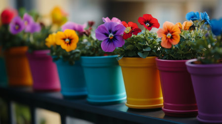 A stunning display of colorful pansy flowers in vibrant pots, arranged neatly along a balcony railing. Perfect for brightening up any outdoor space.の素材