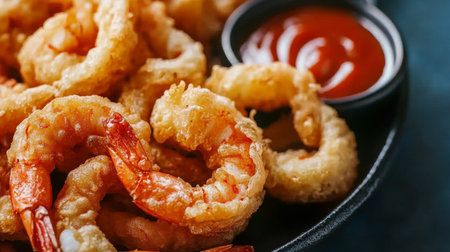 A mouthwatering close-up of crispy fried shrimp served with tangy dipping sauce. Ideal for food lovers and culinary enthusiasts, this dish showcases delicious flavors.の素材