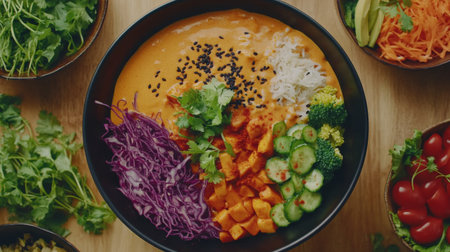 A vibrant bowl filled with fresh vegetables and a creamy orange sauce, showcasing a variety of textures and colors, perfect for healthy eating and nutrition.の素材